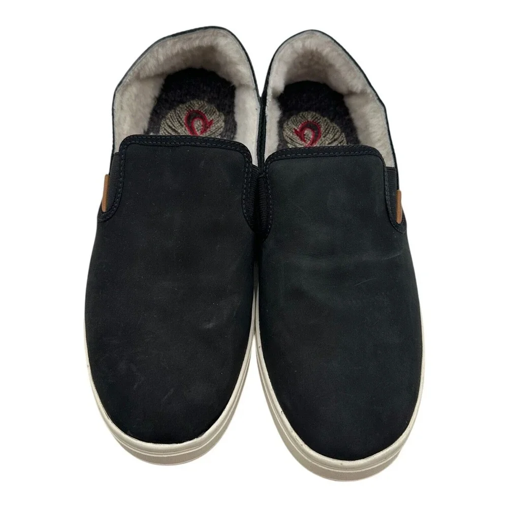 OluKai‎ Pehuea Heu Shearling Slip On Shoes Womens 10 Black Lava Leather Sneakers